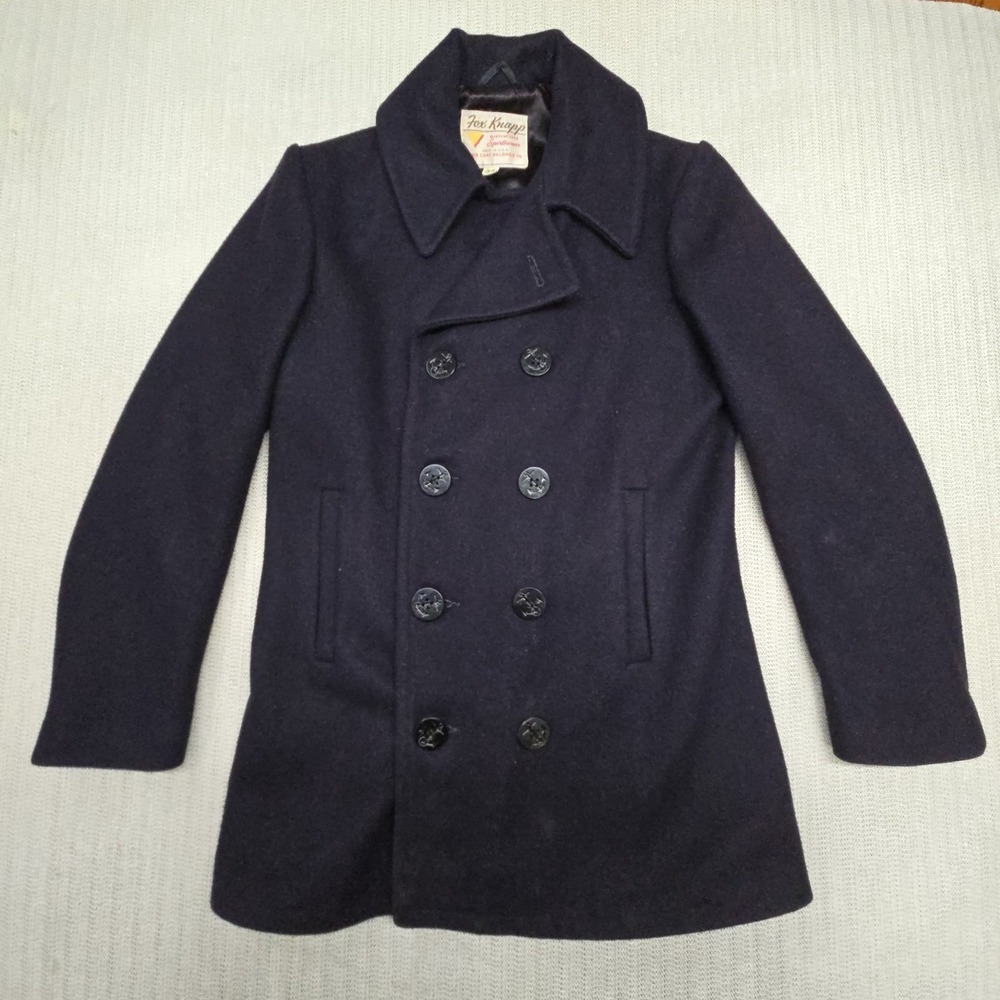 Vintage Fox Knapp Coat Mens 34 Navy Wool Pea Coat Anchor Buttons Nautical USA